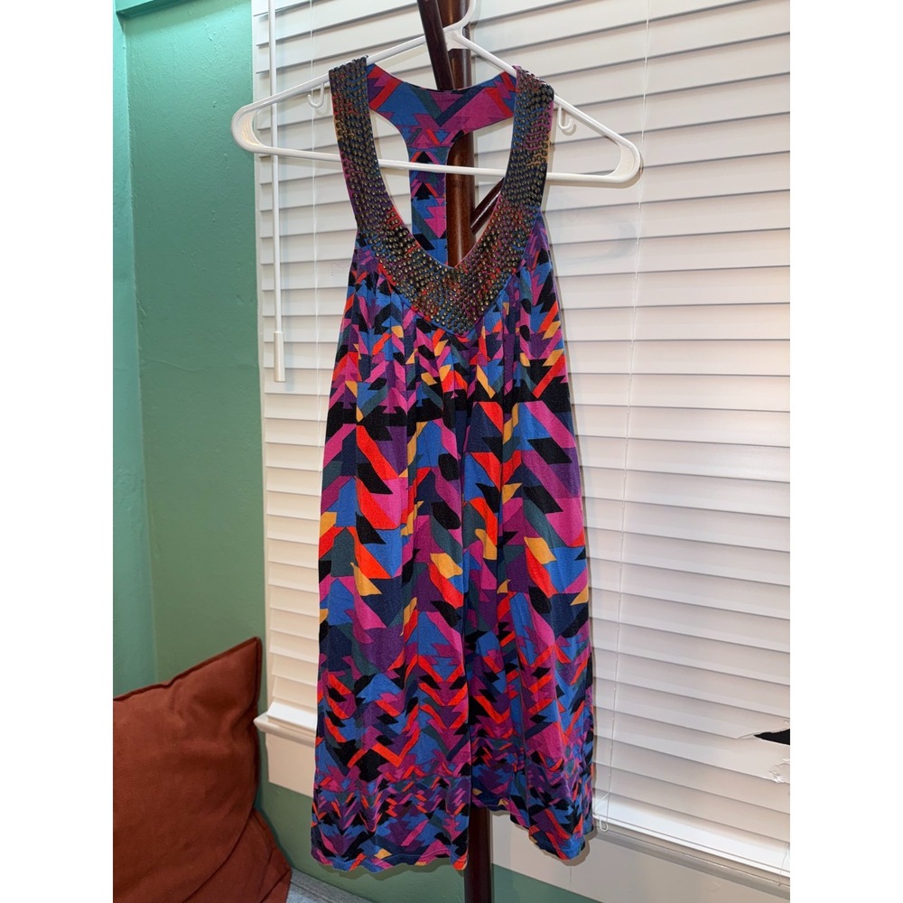BRA TOPS Womens M Geometric Dress Embellished Beaded Racerback Multicolor